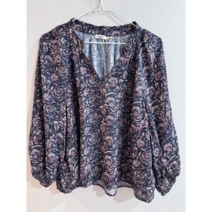 Faherty Boho Floral Print V Neck Blouse Small Long Sleeve Viscose